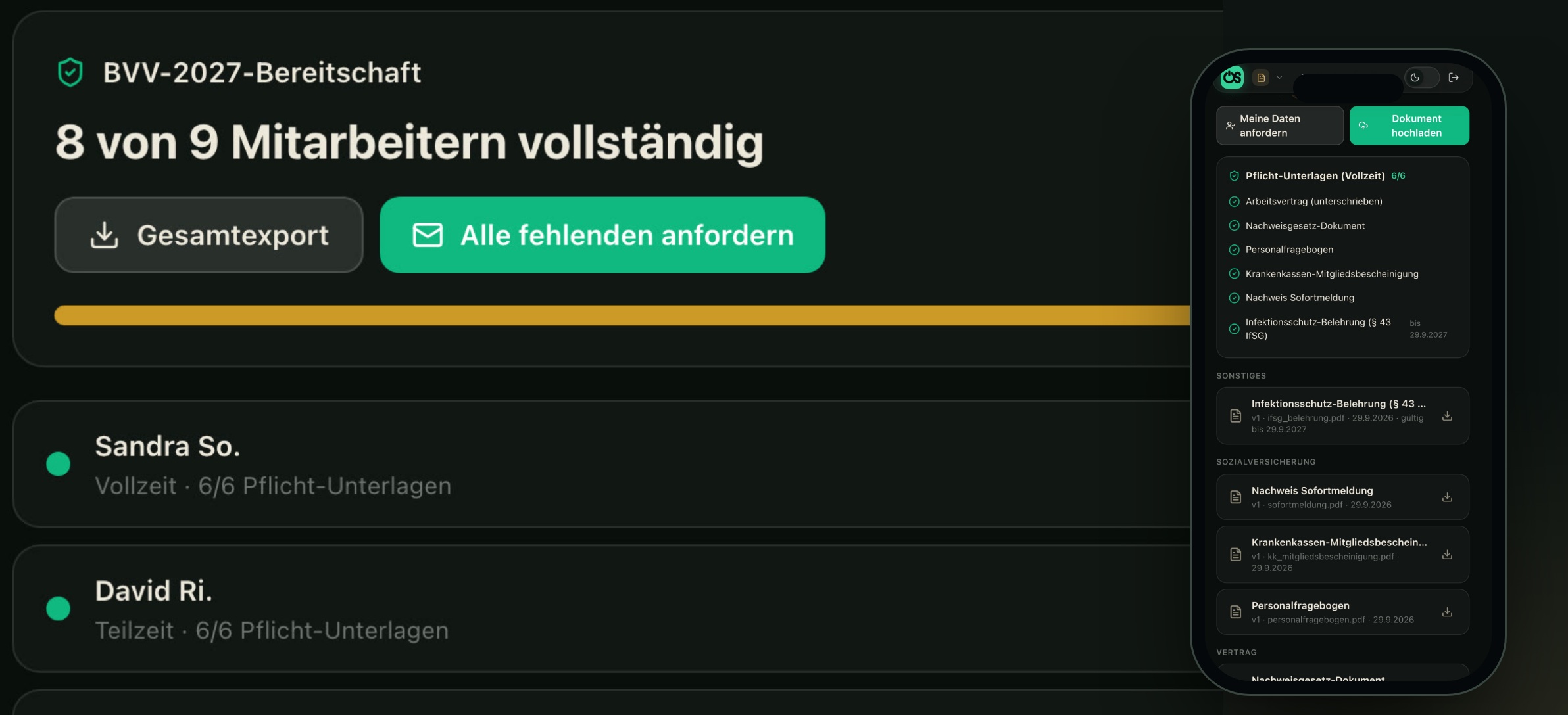 Crew-OS digitale Personalakte: BVV-2027-Bereitschaft mit 8 von 9 Mitarbeitern vollständig, fehlende Unterlagen anfordern, daneben die eigene Akte eines Mitarbeiters am Handy mit 6 von 6 Pflicht-Unterlagen